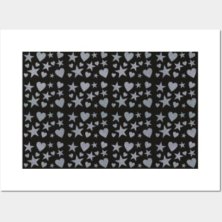 Naif glitter hearts and stars (black and silver) Posters and Art